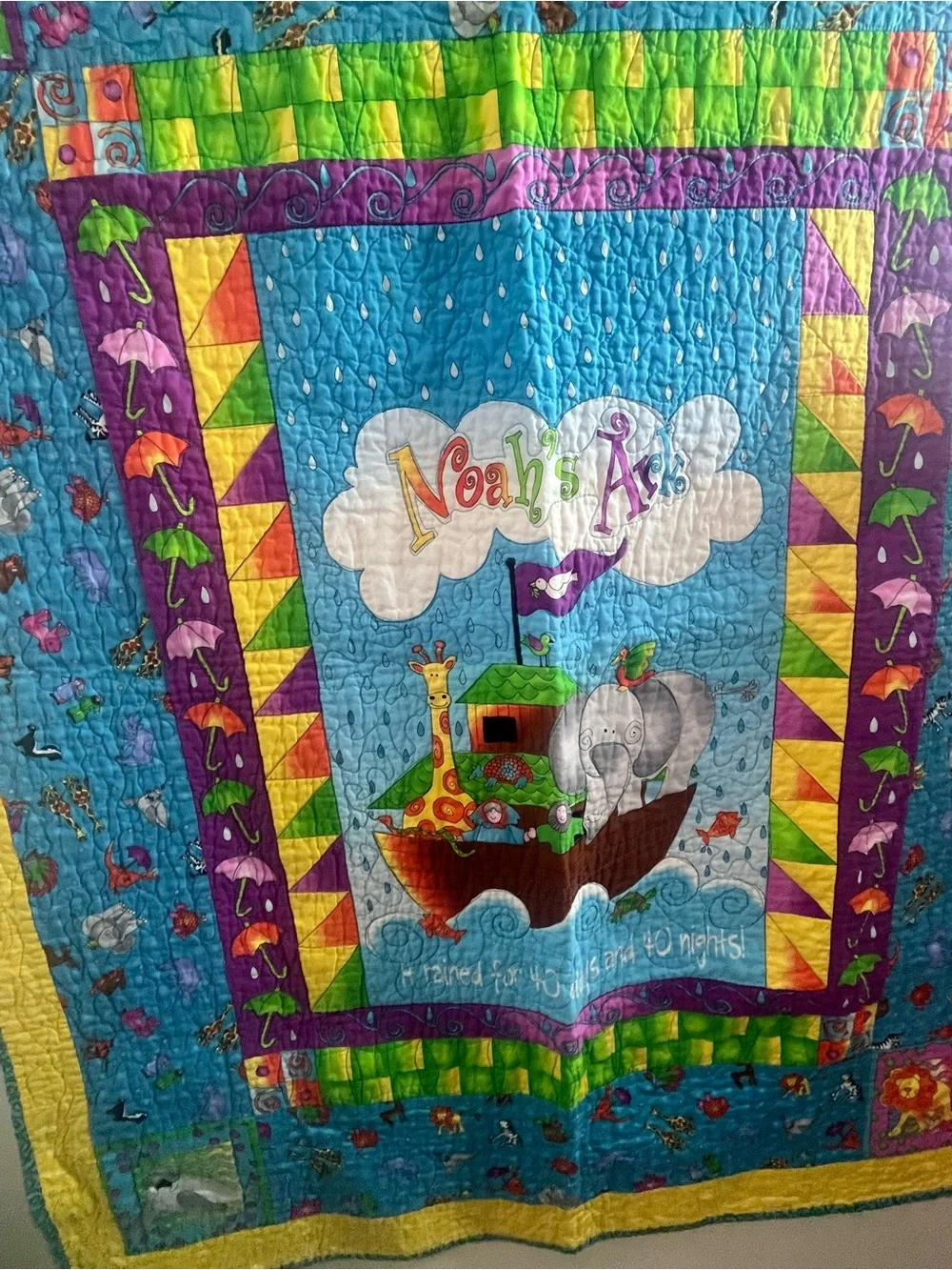 Noah's Ark Baby Quilt - Bright Blue & Yellow Nursery Throw